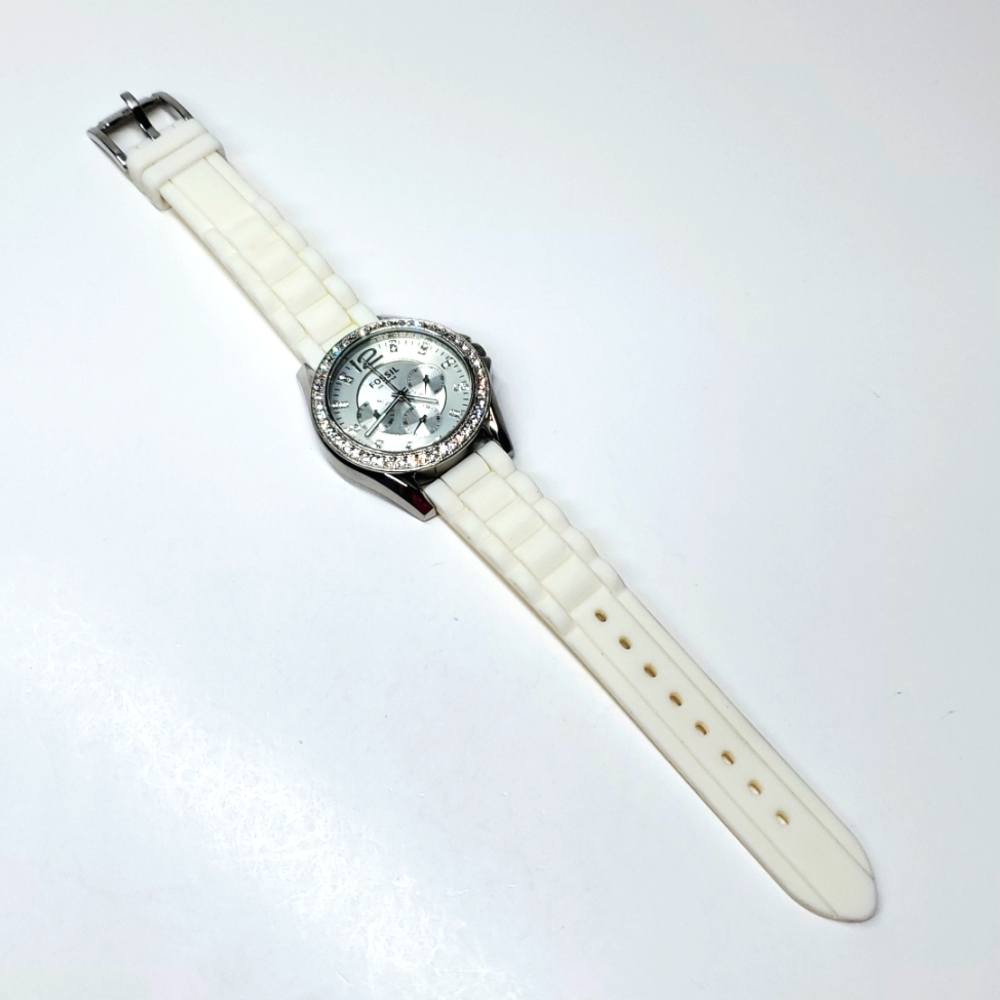 Fossil Watch ES2526 Silver white Silicone Wristband Crystal Bezel Multifunction - Picture 3 of 15